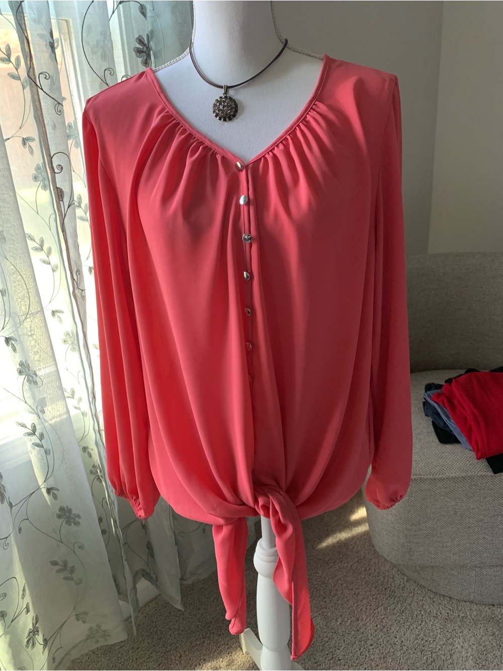 Sami & Jo Coral Tie-Front V-Neck Blouse with Button Placket